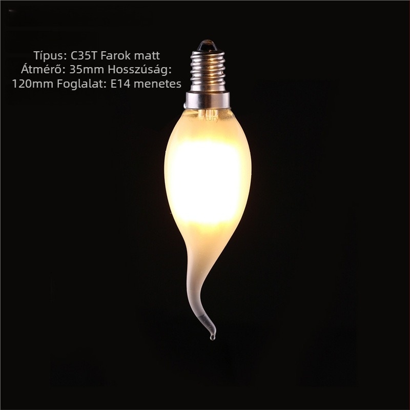 C35 mattított filament lámpa, 4W, 2700K melegfehér, E14 gyertyafoglalat, 220V, tükröződés elleni fény