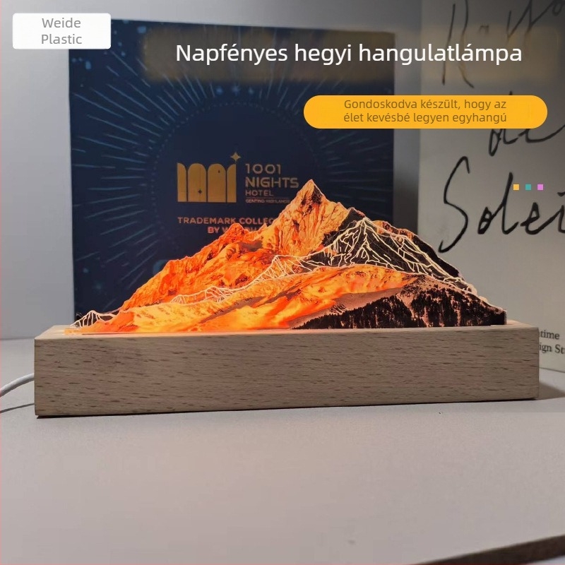 Fából készült geometriai éjjeli lámpa íróasztalra és irodába – ambient fény, dekoratív dísz és szuvenír