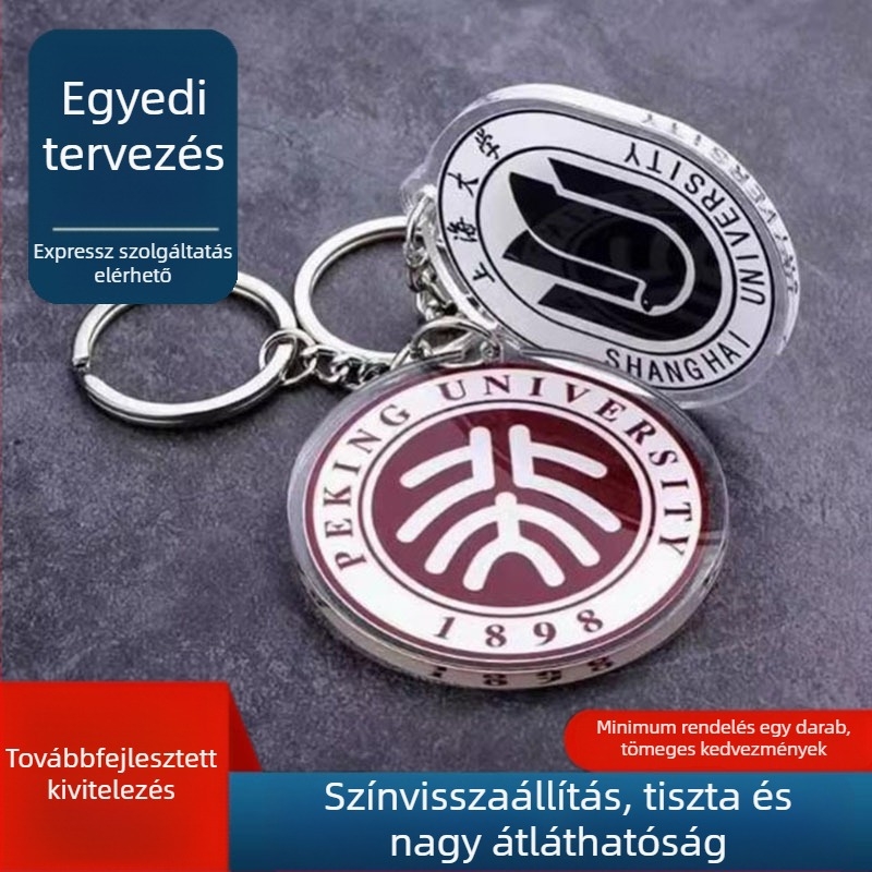 Akril kulcstartó egyetemi címert ábrázolva, ballagási emléktárgy