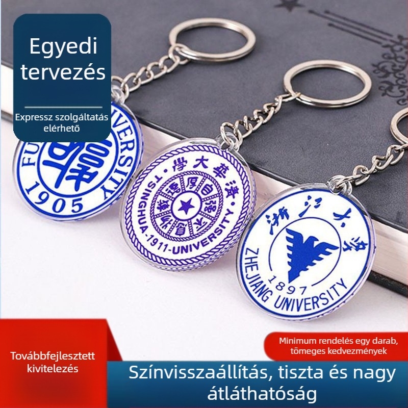 Akril kulcstartó egyetemi címert ábrázolva, ballagási emléktárgy