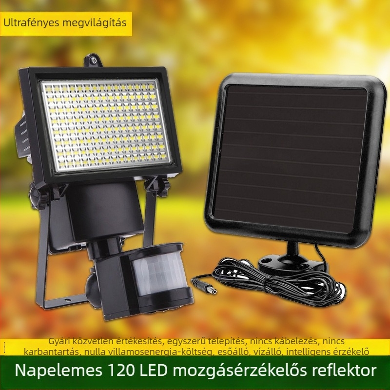 Kültéri napelemes 120 LED-es mozgásérzékelős reflektor, villa udvarára, garázsra és utcai világításra