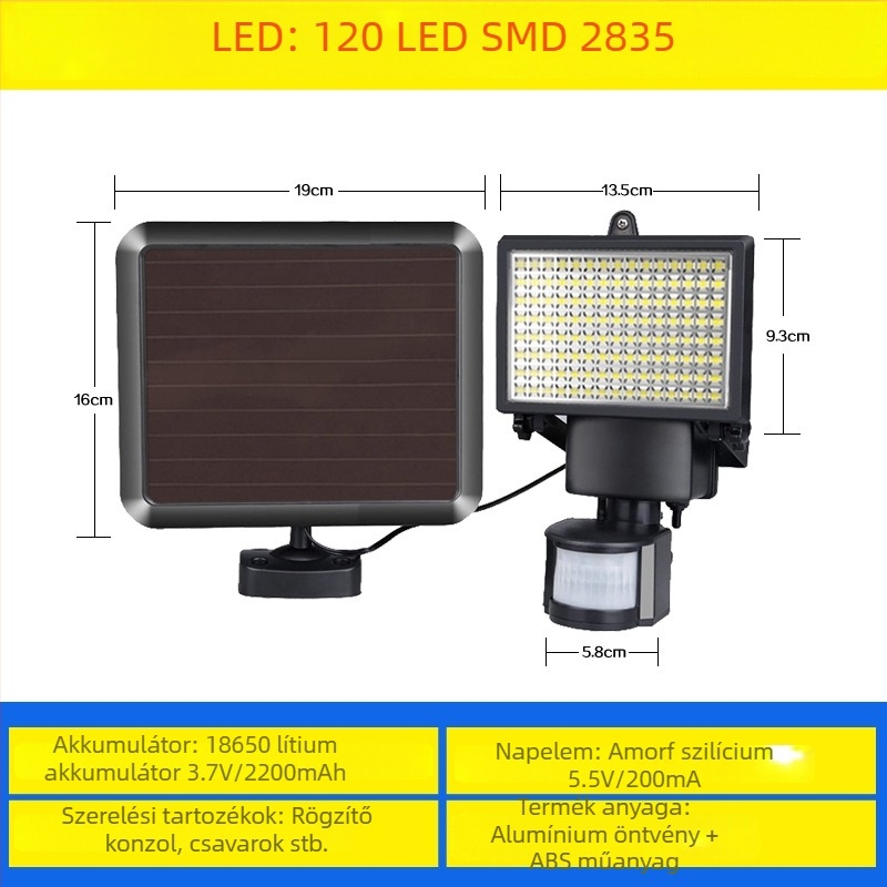Kültéri napelemes 120 LED-es mozgásérzékelős reflektor, villa udvarára, garázsra és utcai világításra