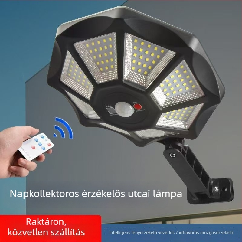 Napelemes kültéri kertvilágítás mozgásérzékelővel, éjszakai automatikus kapcsolással és három üzemmóddal ellátott távirányítóval