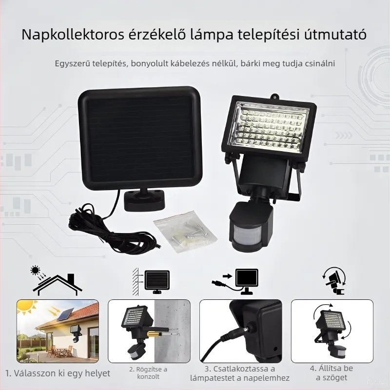 60 LED-es napelemes mozgásérzékelős falikar kültéri villa világításra, garázs reflektor