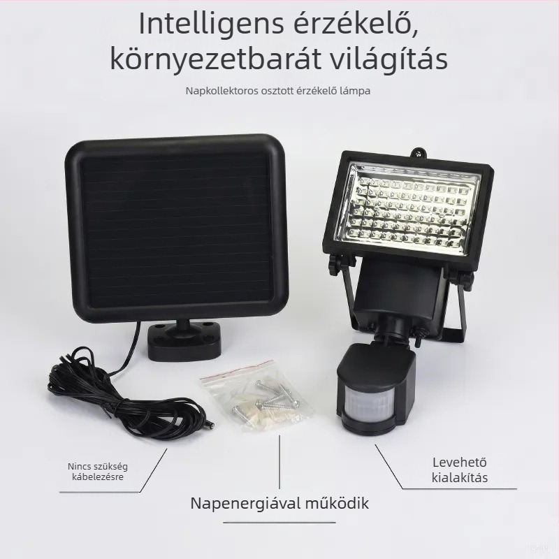 60 LED-es napelemes mozgásérzékelős falikar kültéri villa világításra, garázs reflektor