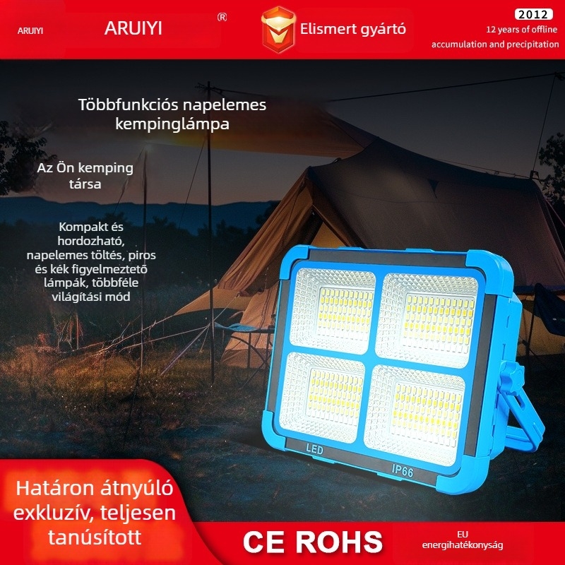 Napelemes kemping LED vetítőfény, hordozható, IP65, vészvilágítás