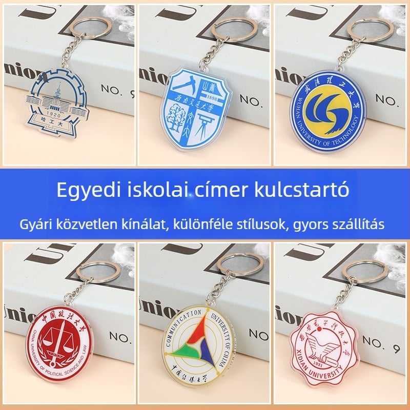 Akril iskola jelvény kulcstartó egyedi iskola logóval, diák személyre szabással, ballagási emléktárgy, rendelésre készült