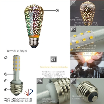 LED3D tűzijáték izzó, E27, ST64, dekoratív üveg gömb karácsonyi hangulathoz