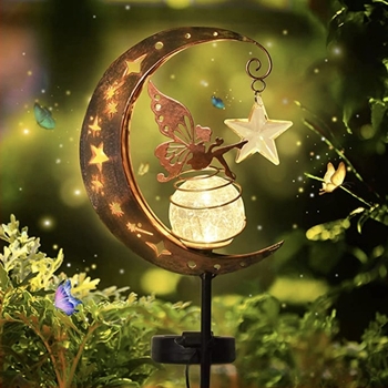 Kültéri napelemes fű-lámpa Moon Elf motívummal, kovácsoltvas díszkerthez, lyukasztott mintázattal, talajba szúrható floodlight