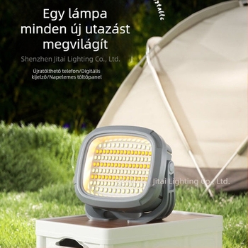 LED-es kültéri kemping lámpa, újratölthető — reflektor több fényforrással és vészfény funkcióval