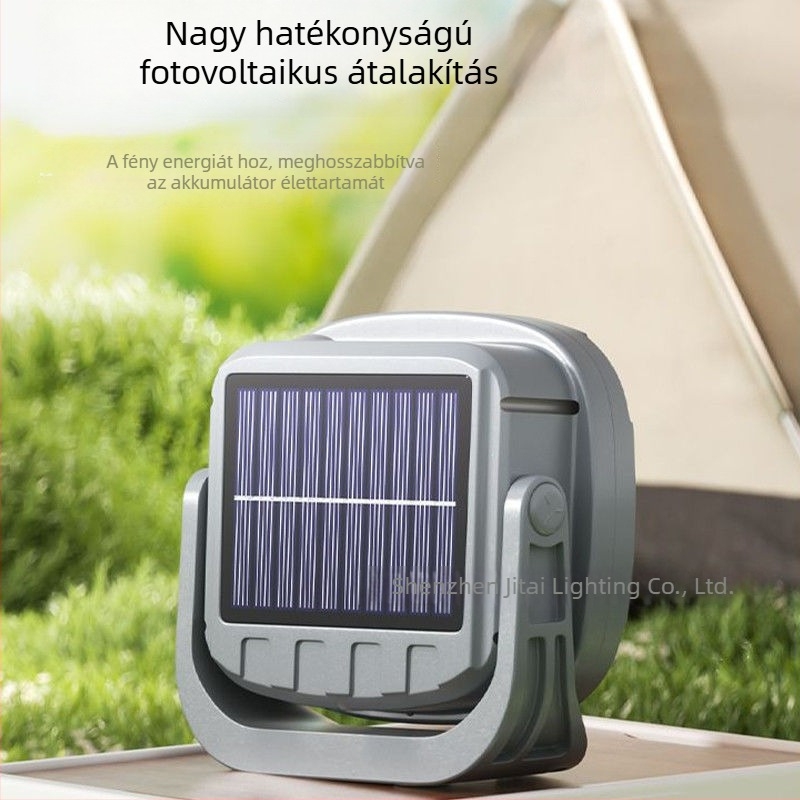 LED-es kültéri kemping lámpa, újratölthető — reflektor több fényforrással és vészfény funkcióval