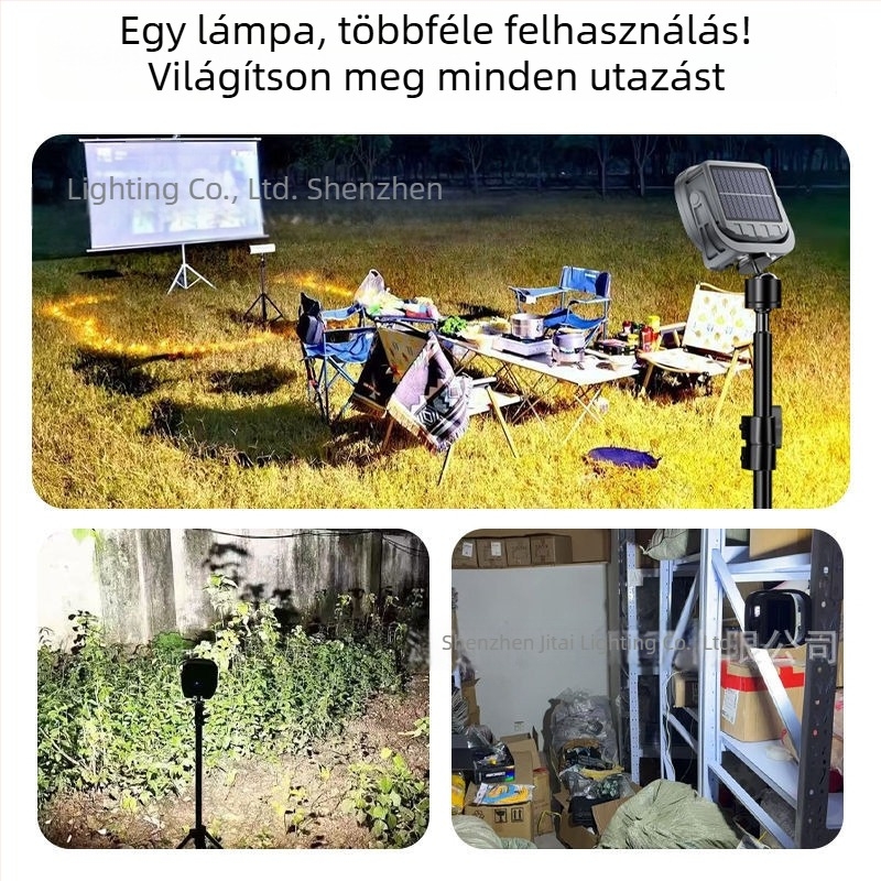 LED-es kültéri kemping lámpa, újratölthető — reflektor több fényforrással és vészfény funkcióval