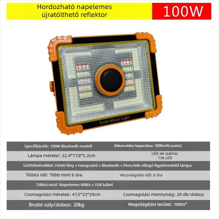 LED napelemes hordozható reflektor Bluetooth hangszóróval, kültéri kempingezéshez – többfunkciós, újratölthető világítás