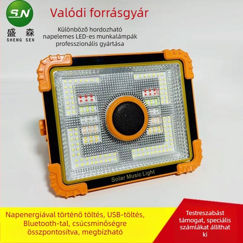LED napelemes hordozható reflektor Bluetooth hangszóróval, kültéri kempingezéshez – többfunkciós, újratölthető világítás