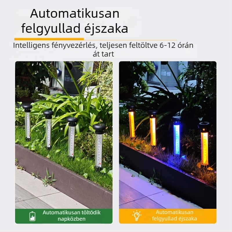 Napelemes gyeplámpa hőmérővel, dekoratív kert LED világítás, vízálló, automatikusan világít sötétedéskor