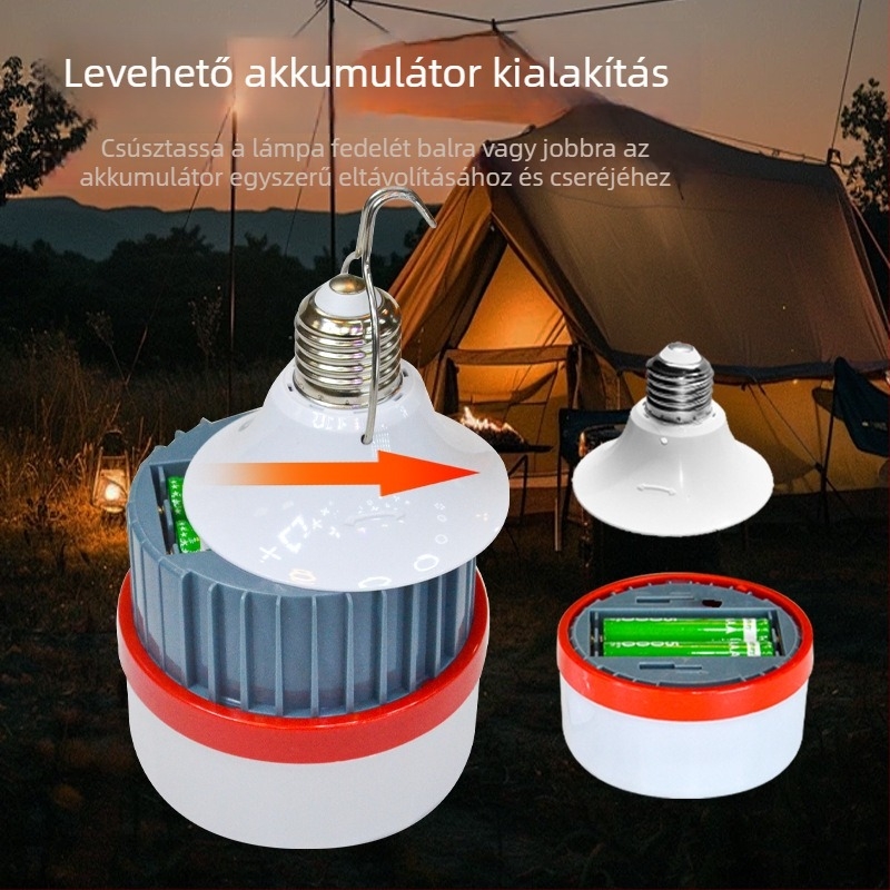Kinyúló, újratölthető LED izzó E27-es foglalattal — vészvilágítás otthon és szabadtéri kempingezéshez
