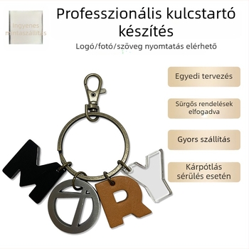 Bőrbetűs kulcstartó, személyre szabott fém medállal, átlátszó akril hátizsák-kiegészítő