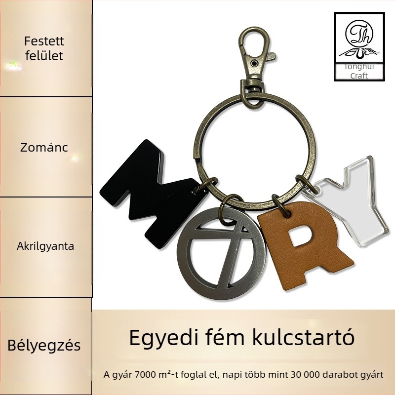 Bőrbetűs kulcstartó, személyre szabott fém medállal, átlátszó akril hátizsák-kiegészítő