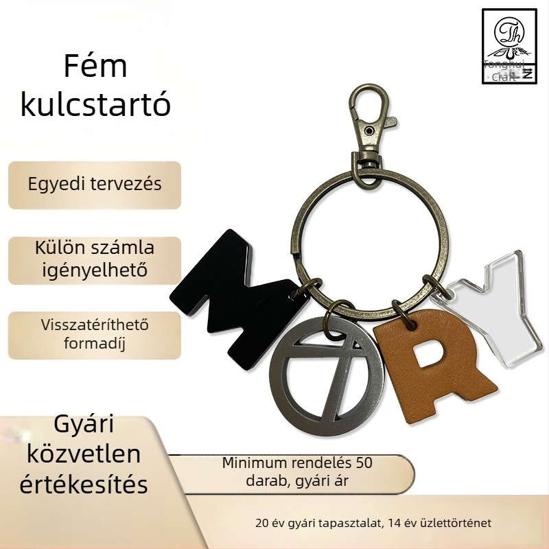 Bőrbetűs kulcstartó, személyre szabott fém medállal, átlátszó akril hátizsák-kiegészítő