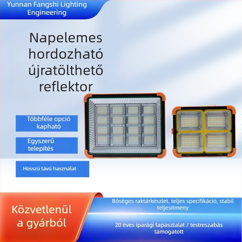 Napelemes hordozható reflektor – újratölthető, többfunkciós kültéri lámpa kempinghez és udvarhoz