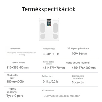 Intelligens nyolcélektródás testzsír mérleg, alkalmazással való kapcsolat, testösszetétel mérése, hordozható digitális mérleg