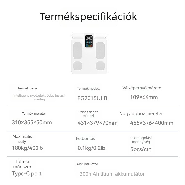 Intelligens nyolcélektródás testzsír mérleg, alkalmazással való kapcsolat, testösszetétel mérése, hordozható digitális mérleg