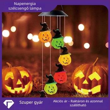 Halloween tök alakú kertvilágítás, színes váltakozó fények és függő harangok