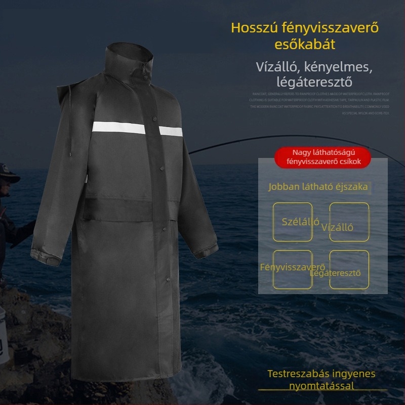 Hosszú divatos fluoreszkáló fekete dupla rétegű fényvisszaverő esőkabát felnőtteknek, egy darab poncsó forgalomhoz