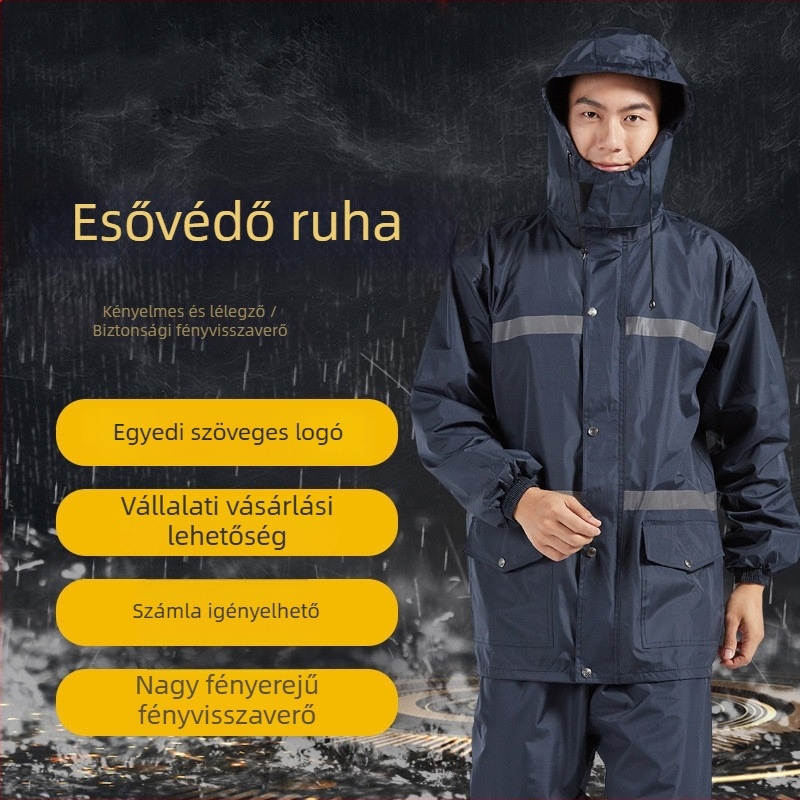 Szétválasztható esőkabát és esőnadrág szett, vízálló, hosszú, fényvisszaverő részletekkel, elektromos járművekhez.