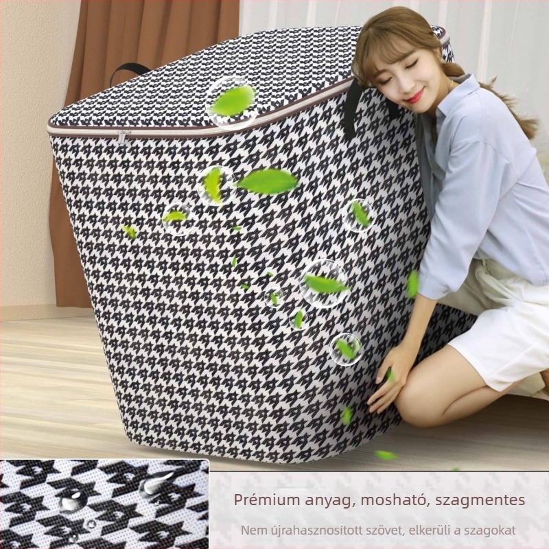 Nagy kapacitású textil tárolókosár ruhák és ágyneműk számára, fogantyúval, kockás mintázatú