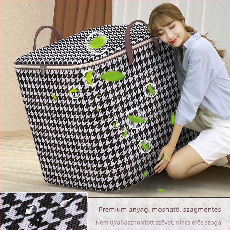 Nagy kapacitású textil tárolókosár ruhák és ágyneműk számára, fogantyúval, kockás mintázatú