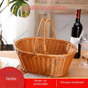 Rattanhatású kézi kosár vásárláshoz és piknikhez, tojás és gyümölcs-zöldség rendező, megerősített kézzel szövött tároló kosár