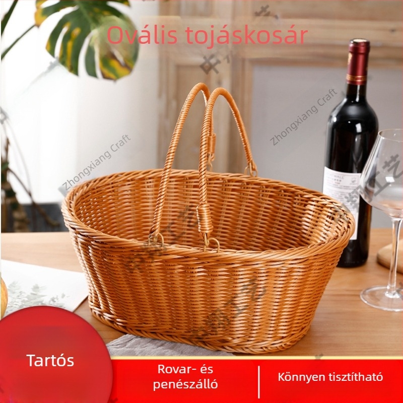 Rattanhatású kézi kosár vásárláshoz és piknikhez, tojás és gyümölcs-zöldség rendező, megerősített kézzel szövött tároló kosár