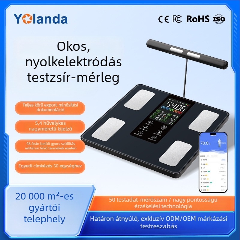 Nyolc elektródás testsúlymérő testzsír mérleg, nagy színes kijelző, kettős frekvenciájú precíz intelligens mérleg, 50 testadatpont