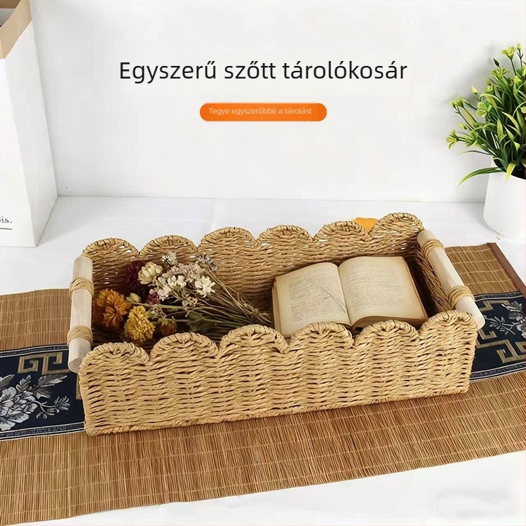 Kézzel készített asztali tárolókosár nassolnivalók, játékok, kozmetikumok és higiéniai termékek számára — fonott, nagy kapacitású otthoni szervező