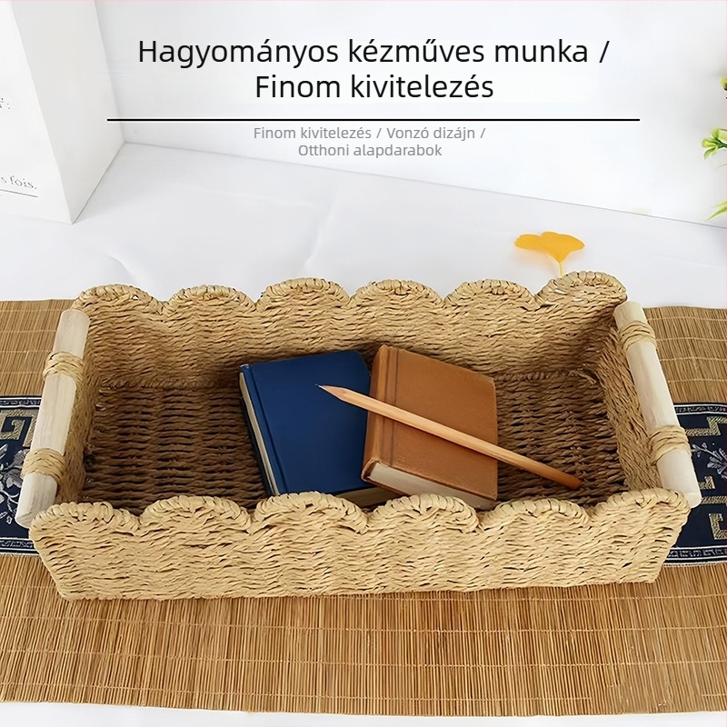 Kézzel készített asztali tárolókosár nassolnivalók, játékok, kozmetikumok és higiéniai termékek számára — fonott, nagy kapacitású otthoni szervező