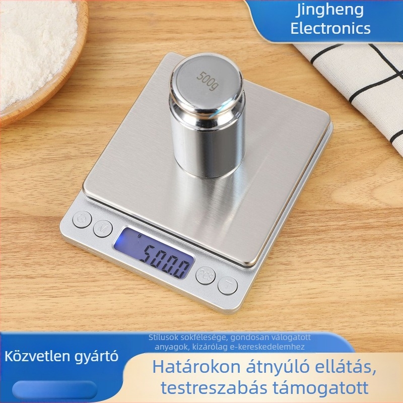 Magas pontosságú konyhai mérleg, kompakt hordozható elektronikus mérleg élelmiszer-előkészítéshez és sütéshez, 0,1 g–500 g pontosság, két AAA elem működteti
