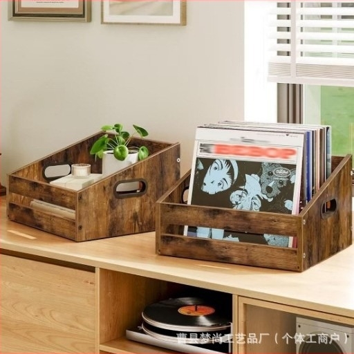 Fából készült tárolókosár vinyl lemezekhez és magazinokhoz, tömörfa, asztali otthoni rendező, modern minimalista stílus