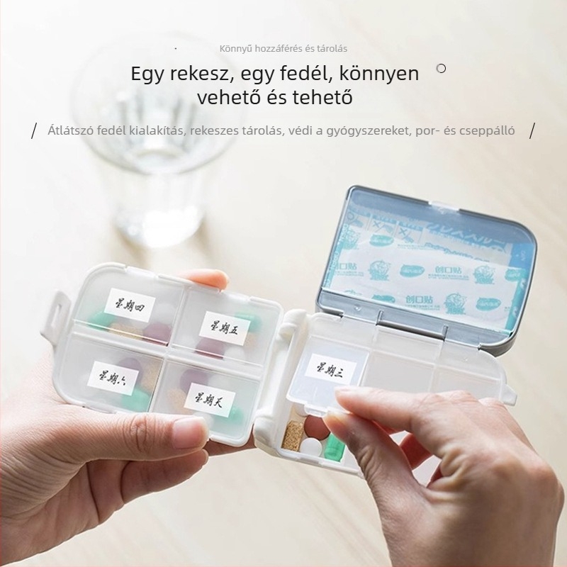 Kamijo hordozható tablettatartó, nedvességálló, egyhetes adagoláshoz, kompakt mini gyógyszeres doboz