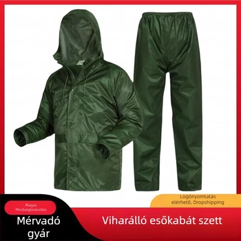Olívazöld szétválasztható esőkabát és esőnadrág készlet, kültéri védelem, vízálló, alkalmas kerékpározáshoz és mentési feladatokhoz.