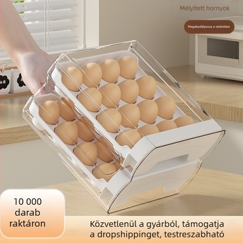 Hűtőbe való tojás tároló doboz, stackelhető fiókos kialakítás, nagy kapacitás, két szintű rekeszek a frissesség megőrzésére