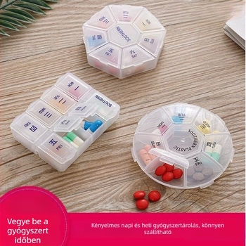 Hordozható mini tablettás doboz hét napos osztókkal és tablettavágó eszközzel