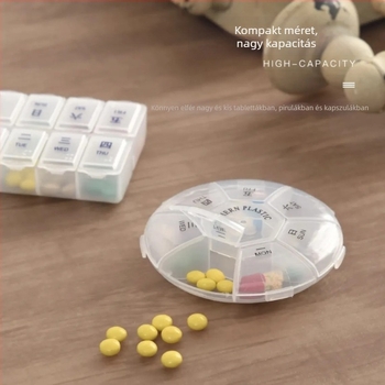 Hordozható mini tablettás doboz hét napos osztókkal és tablettavágó eszközzel