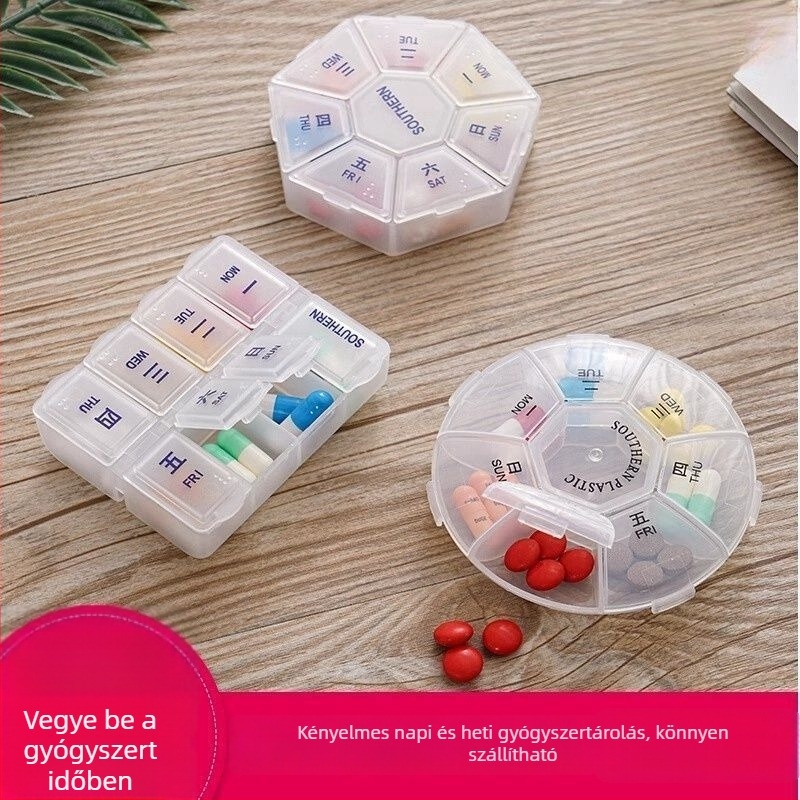Hordozható mini tablettás doboz hét napos osztókkal és tablettavágó eszközzel