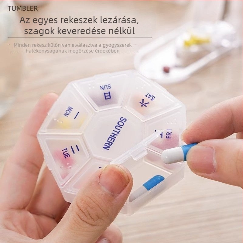 Hordozható mini tablettás doboz hét napos osztókkal és tablettavágó eszközzel