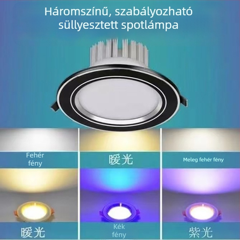 Háromszínben állítható LED beépíthető mennyezeti lámpa, 7,5 cm nyílás, 5W/12W, nappaliba