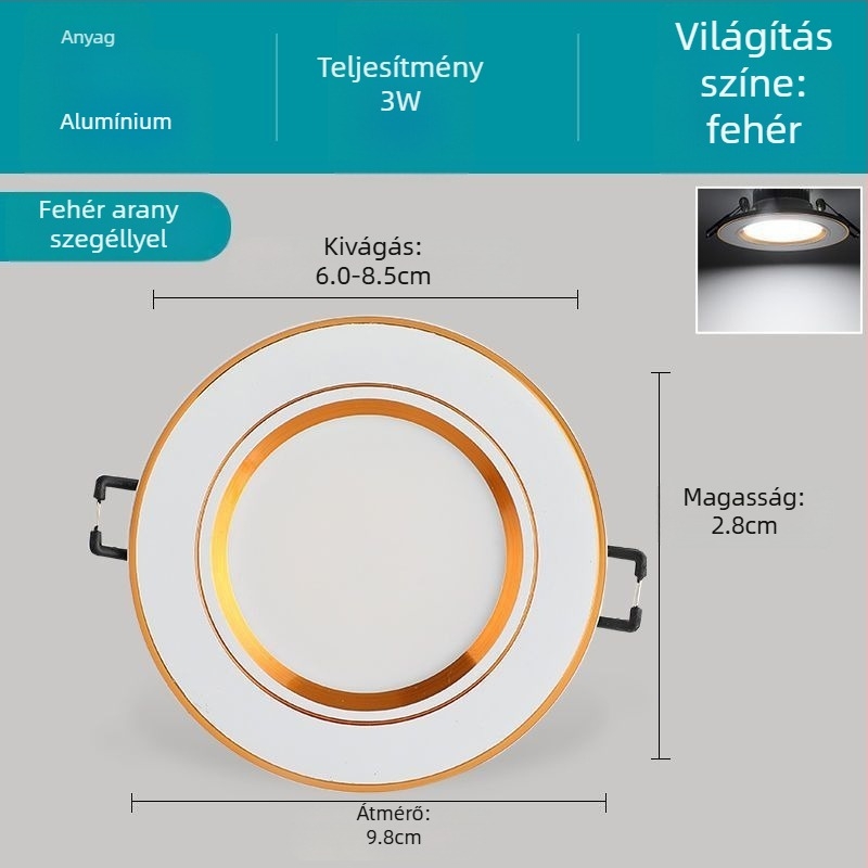 Háromszínben állítható LED beépíthető mennyezeti lámpa, 7,5 cm nyílás, 5W/12W, nappaliba