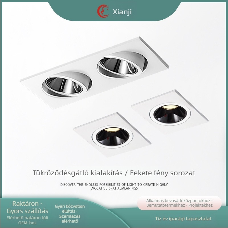 Kétfejes LED spotlámpa, beépített mennyezetre, rácsos lámpa, téglalap COB downlight, rejtett kivitel, egyfejű fény