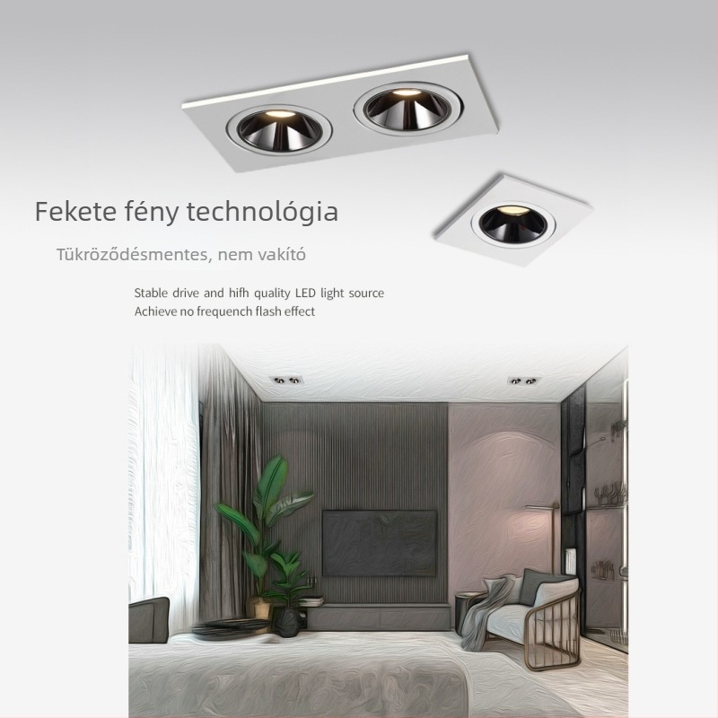 Kétfejes LED spotlámpa, beépített mennyezetre, rácsos lámpa, téglalap COB downlight, rejtett kivitel, egyfejű fény