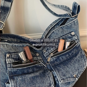 Vintage női denim válltáska, nagy kapacitású crossbody, két zsebbel